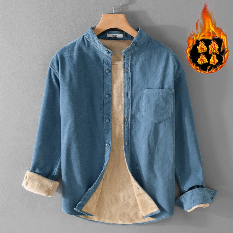 Winter corduroy fleece-lined thickened mens thermal shirt mens long sleeve handsome youth solid color shirt jacket 9433 Lake Blue - Image 3
