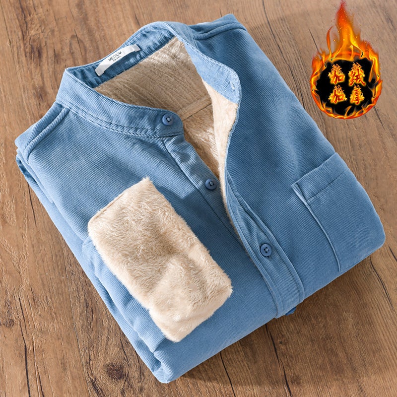 Winter corduroy fleece-lined thickened mens thermal shirt mens long sleeve handsome youth solid color shirt jacket 9433 Lake Blue - Image 1