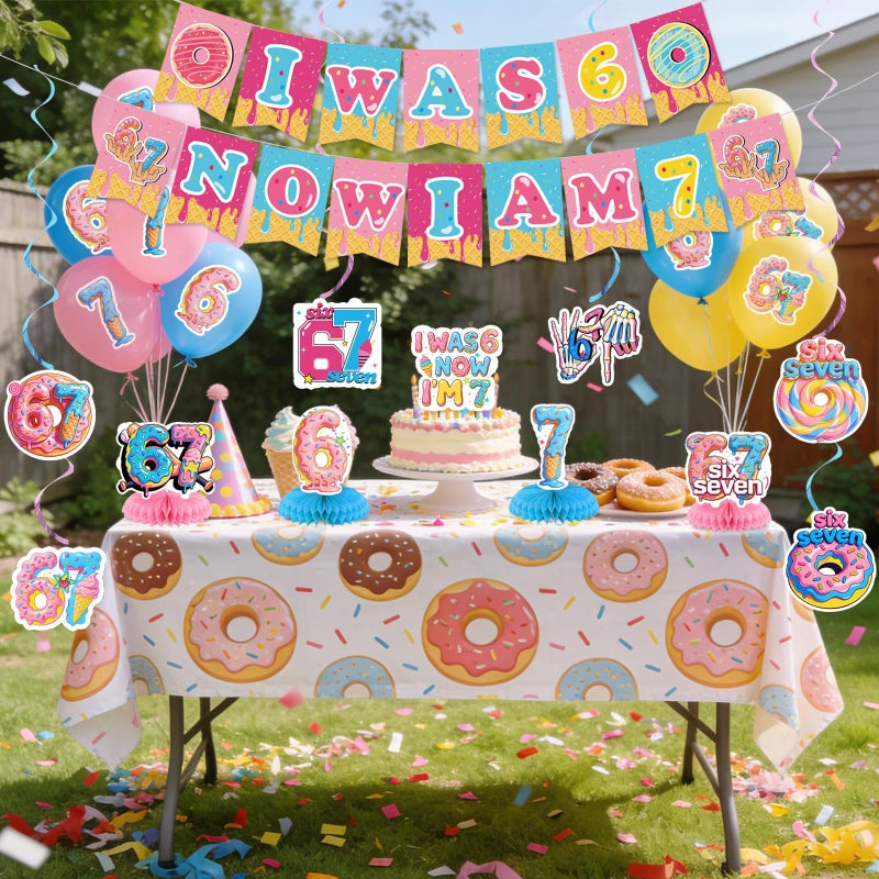 Urlax 6 7 Birthday Party Decoration Set Funny 6 7 Meme Donut Theme Decor with Hanging Swirls Honeycomb Centerpieces I Was 6 Now I'm 7 Banner Cake Topper Blue and Pink Six Seven Party Supplies - Image 4