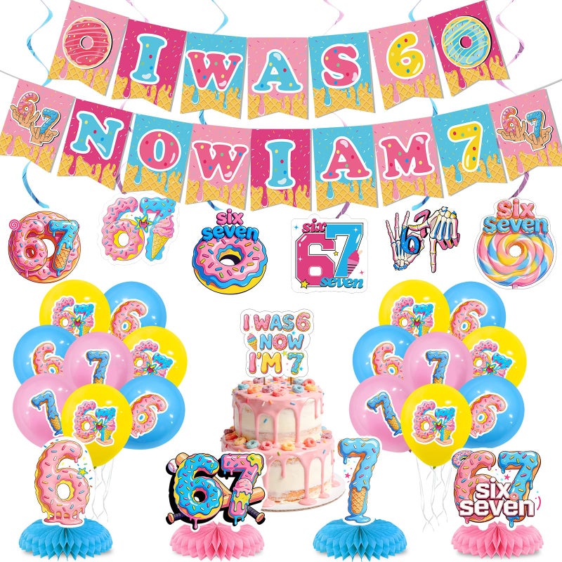 Urlax 6 7 Birthday Party Decoration Set Funny 6 7 Meme Donut Theme Decor with Hanging Swirls Honeycomb Centerpieces I Was 6 Now I'm 7 Banner Cake Topper Blue and Pink Six Seven Party Supplies - Image 1