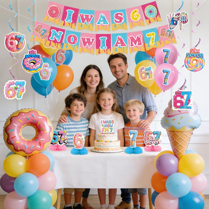 Urlax 6 7 Birthday Party Decoration Set Funny 6 7 Meme Donut Theme Decor with Hanging Swirls Honeycomb Centerpieces I Was 6 Now I'm 7 Banner Cake Topper Blue and Pink Six Seven Party Supplies - Image 5