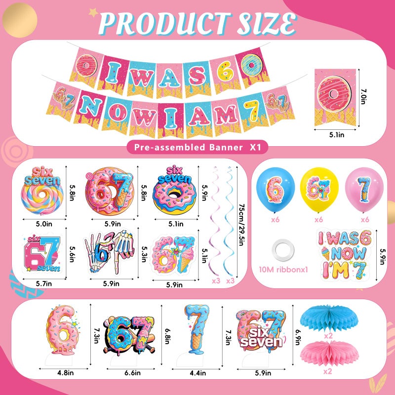 Urlax 6 7 Birthday Party Decoration Set Funny 6 7 Meme Donut Theme Decor with Hanging Swirls Honeycomb Centerpieces I Was 6 Now I'm 7 Banner Cake Topper Blue and Pink Six Seven Party Supplies - Image 2