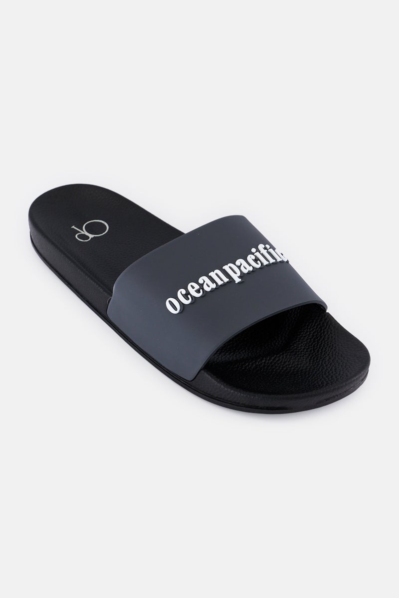 Ocean Pacific Men Brand Logo Slip On Slides, Dark Grey - Image 1