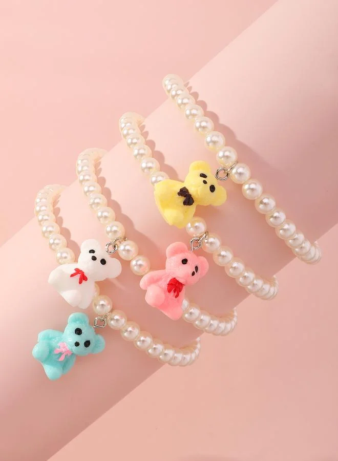 Take Two Pack of 4 - Grils Multi-Color Teddy Bear Charm Pearl Bracelets