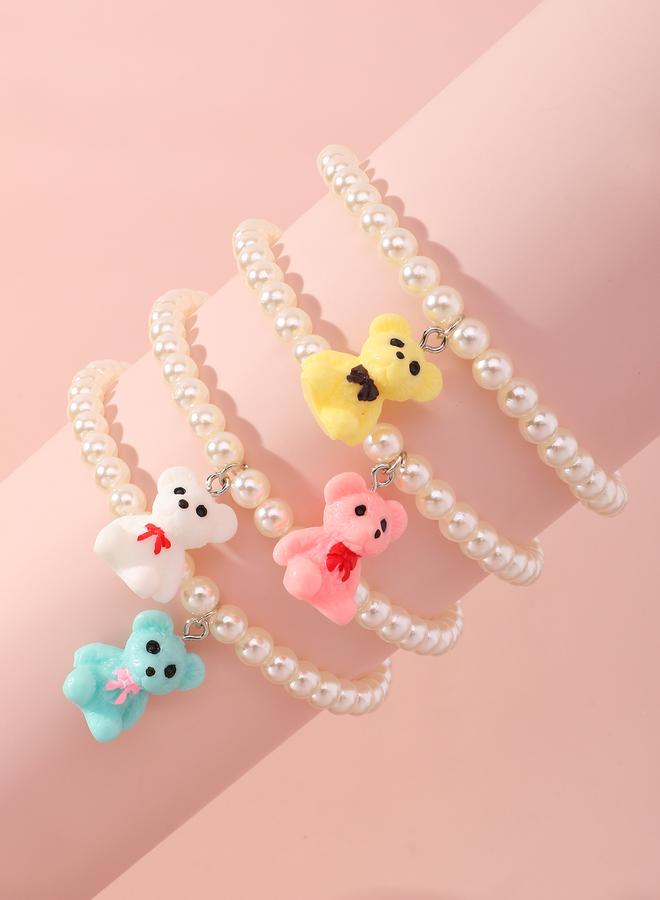 Take Two Pack of 4 - Grils Multi-Color Teddy Bear Charm Pearl Bracelets - Image 2