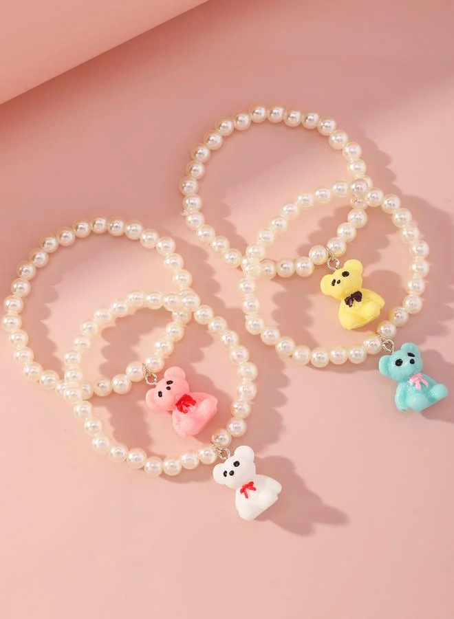 Take Two  Pack of 4 - Grils Multi-Color Teddy Bear Charm Pearl Bracelets for Women | Best Price UAE