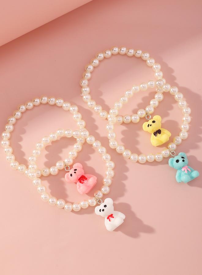 Take Two Pack of 4 - Grils Multi-Color Teddy Bear Charm Pearl Bracelets - Image 3