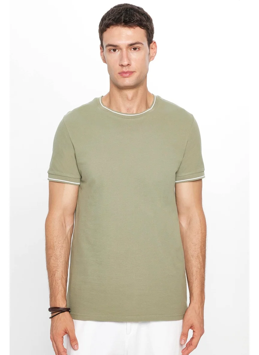 تودورس Men's Crew Neck Slim Fit Cotton Pique Khaki T-Shirt