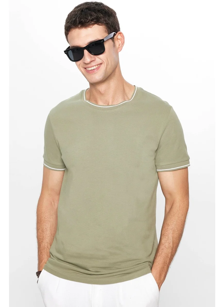تودورس Men's Crew Neck Slim Fit Cotton Pique Khaki T-Shirt