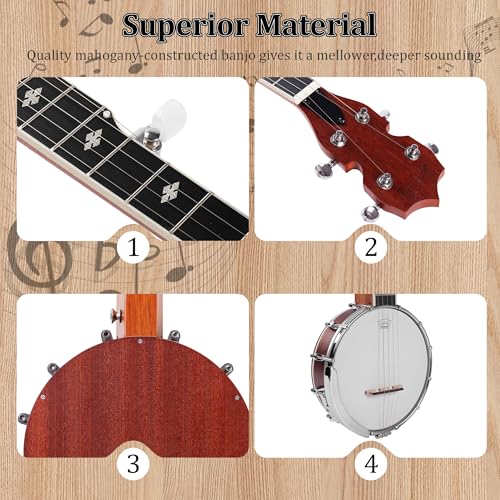Mulucky 5 String Banjo Mini - 26 Inch Travel Banjo Sapele Body Closed Solid Back Beginner Kit With Gig Bag Picks Strings Strap - B807 - Image 4