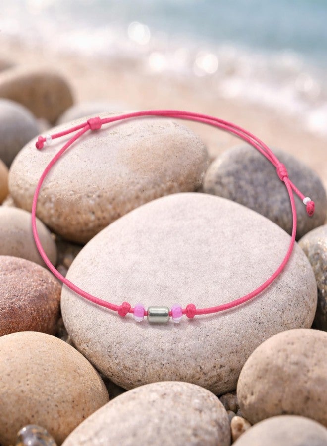 DARSHRAJ 925 Sterling Silver Pipe Charm Thread Anklet | Handmade Nazariya Anklet for Women & Girls | Adjustable Pink Cord Minimal Anklet | Dainty Boho Foot Jewelry - Image 4