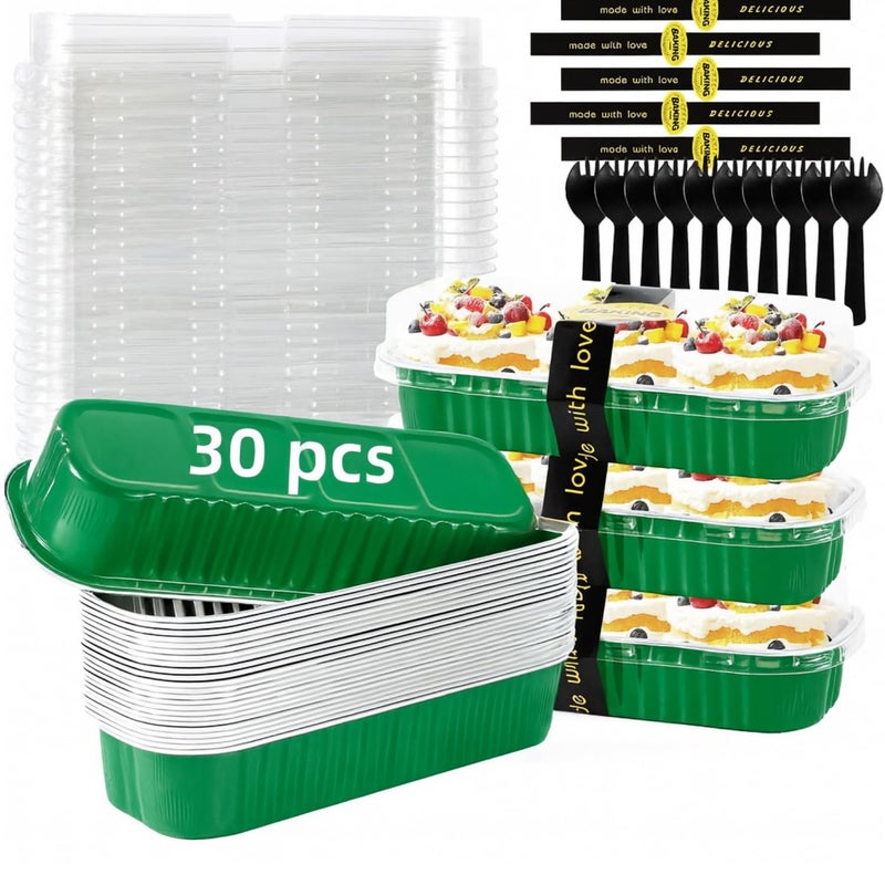 Orlashop 30 Pack 6.8oz Christmas Green Disposable Rectangular Aluminum Foil Mini Loaf Pans with Lids,Mini Cake Pans for Baking, Loaf Baking Pans, Small Containerfor for Patrickâ€™s Day Party - Image 1