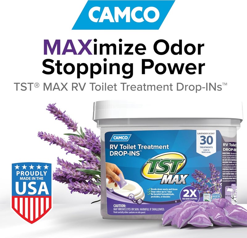 Camco TST MAX Camper/RV Toilet Treatment Drop-INs - Control Unwanted Odors & Break Down Waste and Tissue - Safe Septic Tank Treatment - Lavender Scent, 30-Pack (41553) Multi usage - Image 2