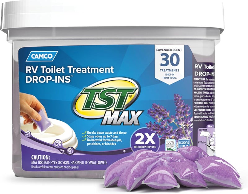 Camco TST MAX Camper/RV Toilet Treatment Drop-INs - Control Unwanted Odors & Break Down Waste and Tissue - Safe Septic Tank Treatment - Lavender Scent, 30-Pack (41553) Multi usage - Image 1