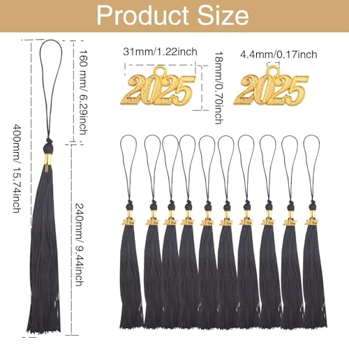 BronaGrand 10pcs Black Graduation Tassels Academic Grad Cap Tassel Decoration with 10pcs Golden 2025 Year Charms for 2025 Graduates Graduation Ceremonies Parties Activities Souvenir - Image 2