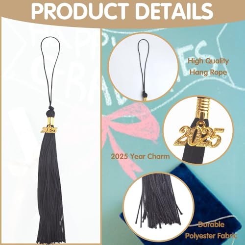 BronaGrand 10pcs Black Graduation Tassels Academic Grad Cap Tassel Decoration with 10pcs Golden 2025 Year Charms for 2025 Graduates Graduation Ceremonies Parties Activities Souvenir - Image 3