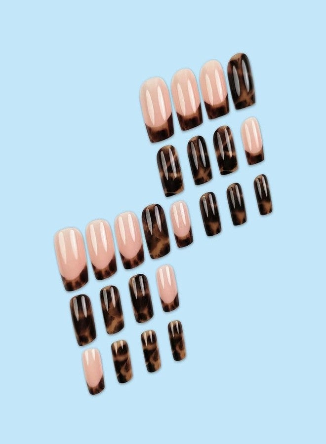 QQPPOLIU Strong Press on Nails Short Brown Leopard Print and French Tips Designs for Women and Girls 24pcs - Image 4