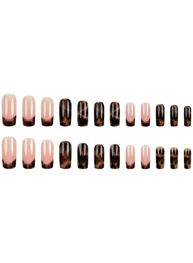 QQPPOLIU Strong Press on Nails Short Brown Leopard Print and French Tips Designs for Women and Girls 24pcs - Image 2