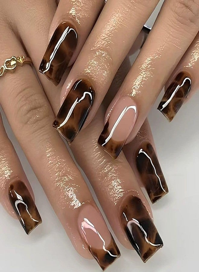 QQPPOLIU Strong Press on Nails Short Brown Leopard Print and French Tips Designs for Women and Girls 24pcs - Image 1