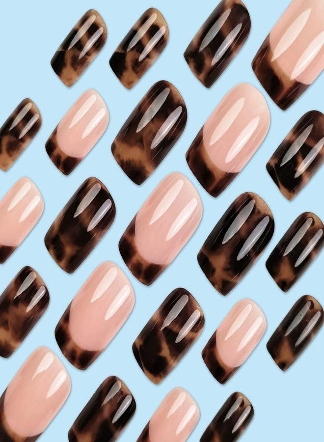 QQPPOLIU Strong Press on Nails Short Brown Leopard Print and French Tips Designs for Women and Girls 24pcs - Image 3