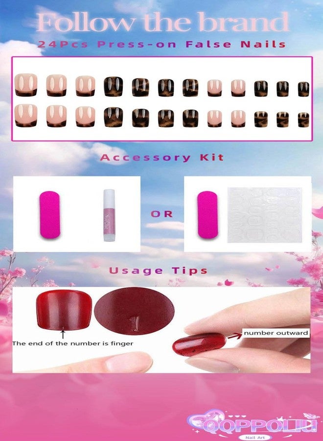 QQPPOLIU Strong Press on Nails Short Brown Leopard Print and French Tips Designs for Women and Girls 24pcs - Image 5
