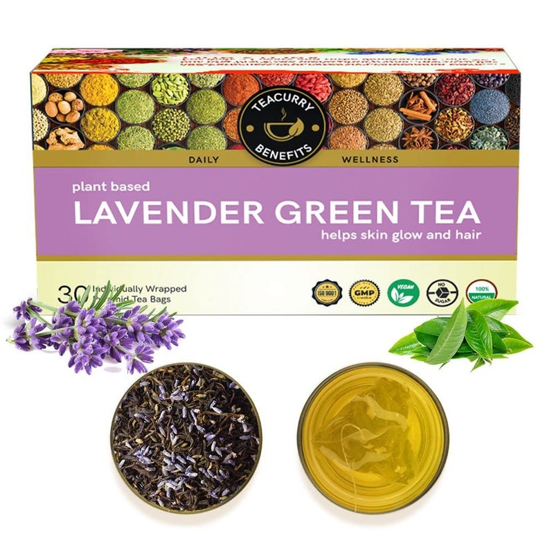 TEACURRY Lavender Green Tea (1 Month Pack, 30 Tea Bags) - Helps to Regulate Blood Sugar & Cardiovascular Health | Calming Tea | Made With Green Tea leaves & Lavender Flower - Image 1