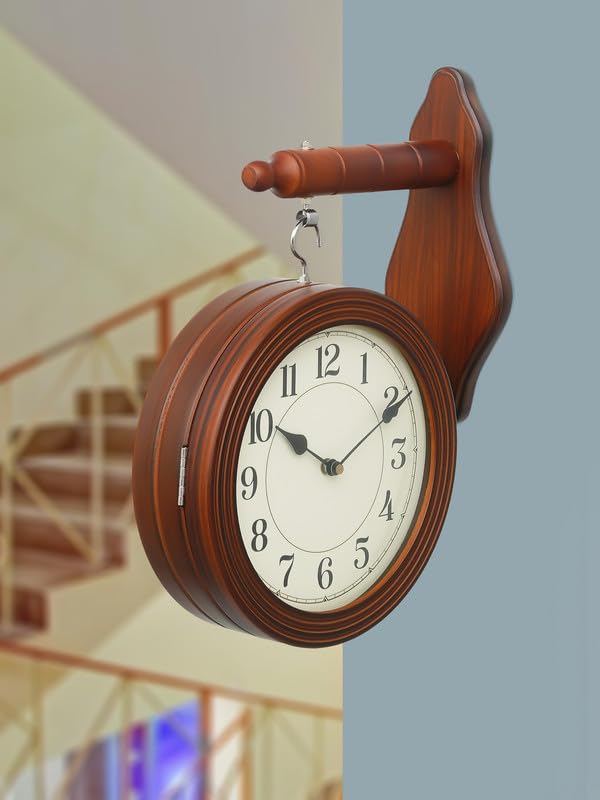 CHRONIKLE Elegant Wooden Round Double Sided English and Roman Numbers Station Wall Clock for Living Room Home Decor Office Gifts (Size: 28 x 11 x 40 CM | Weight: 1700 Gram | Color: Brown) - Image 2
