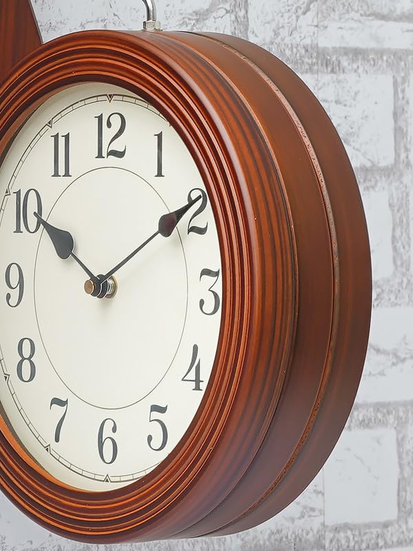 CHRONIKLE Elegant Wooden Round Double Sided English and Roman Numbers Station Wall Clock for Living Room Home Decor Office Gifts (Size: 28 x 11 x 40 CM | Weight: 1700 Gram | Color: Brown) - Image 5