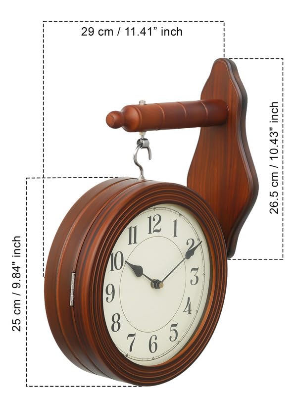 CHRONIKLE Elegant Wooden Round Double Sided English and Roman Numbers Station Wall Clock for Living Room Home Decor Office Gifts (Size: 28 x 11 x 40 CM | Weight: 1700 Gram | Color: Brown) - Image 3