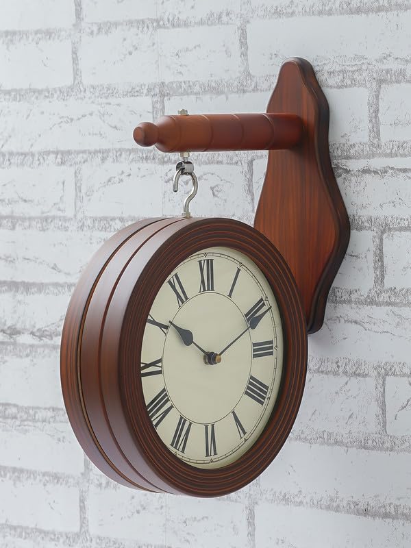CHRONIKLE Elegant Wooden Round Double Sided English and Roman Numbers Station Wall Clock for Living Room Home Decor Office Gifts (Size: 28 x 11 x 40 CM | Weight: 1700 Gram | Color: Brown) - Image 1