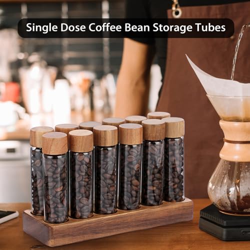 JUXYES Set of 12 Single Dose Coffee Bean Storage Tubes with Wooden Stand and Lids, Dosing Glass Vials for Coffee Storage, Coffee Bean Container Cellars, Espresso Bean Canisters Set, 2 fl oz - Image 5