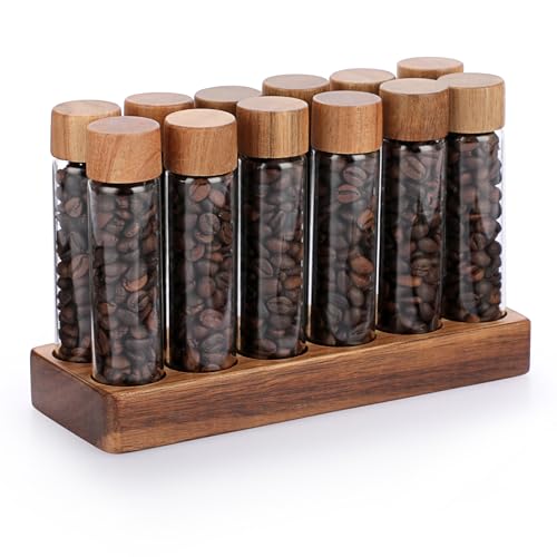 JUXYES Set of 12 Single Dose Coffee Bean Storage Tubes with Wooden Stand and Lids, Dosing Glass Vials for Coffee Storage, Coffee Bean Container Cellars, Espresso Bean Canisters Set, 2 fl oz - Image 1