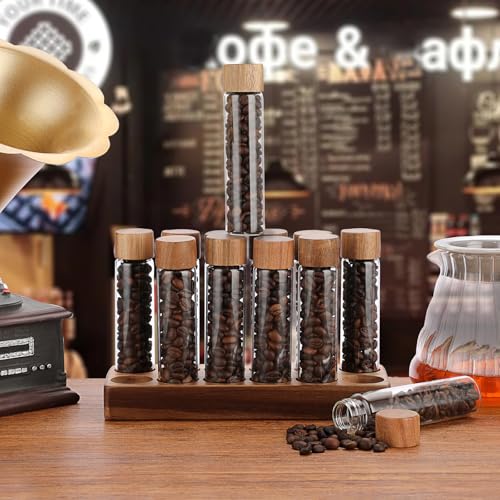 JUXYES Set of 12 Single Dose Coffee Bean Storage Tubes with Wooden Stand and Lids, Dosing Glass Vials for Coffee Storage, Coffee Bean Container Cellars, Espresso Bean Canisters Set, 2 fl oz - Image 3