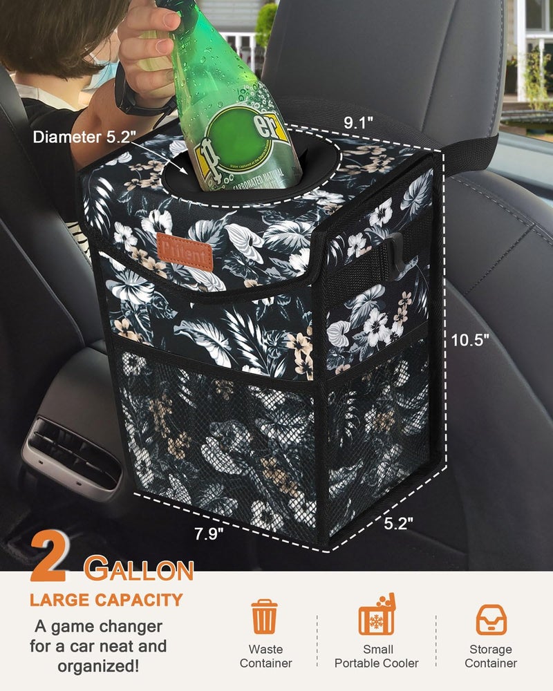 Pritent Car Trash Can with Lid, Cute Leakproof Car Trash Garbage Bag Hanging Vehicle Trash Bin Small Portable Automotive Garbage Cans Organizer for Back/Front Seat(Trapezoid,Black with Lily Print) - Image 2