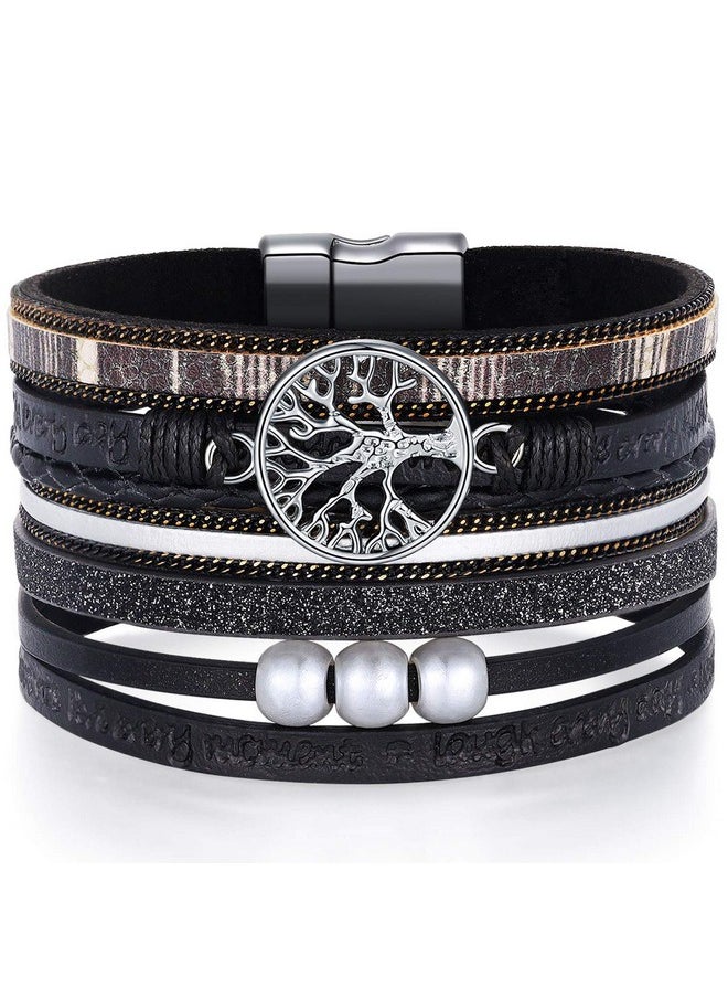 DESIMTION Black Wrap Leather Bracelets For Women Boho Layered Stacking Wide Buckle Family Tree Of Life Bracelets For Women Mom Teen Girls Grandma  - Image 1