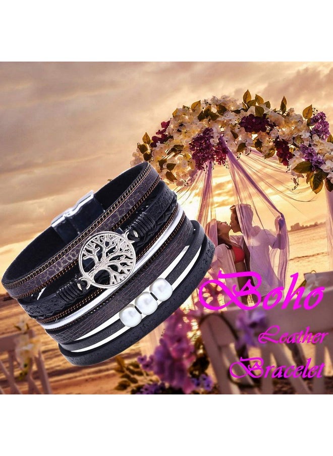 DESIMTION Black Wrap Leather Bracelets For Women Boho Layered Stacking Wide Buckle Family Tree Of Life Bracelets For Women Mom Teen Girls Grandma  - Image 2