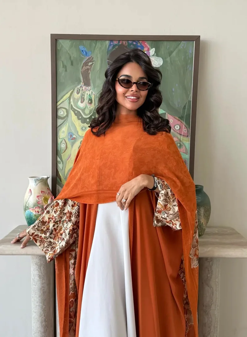 Lusin Abaya Orange Indian Silk Abaya with Floral-Print Back, Sleeves & Veil