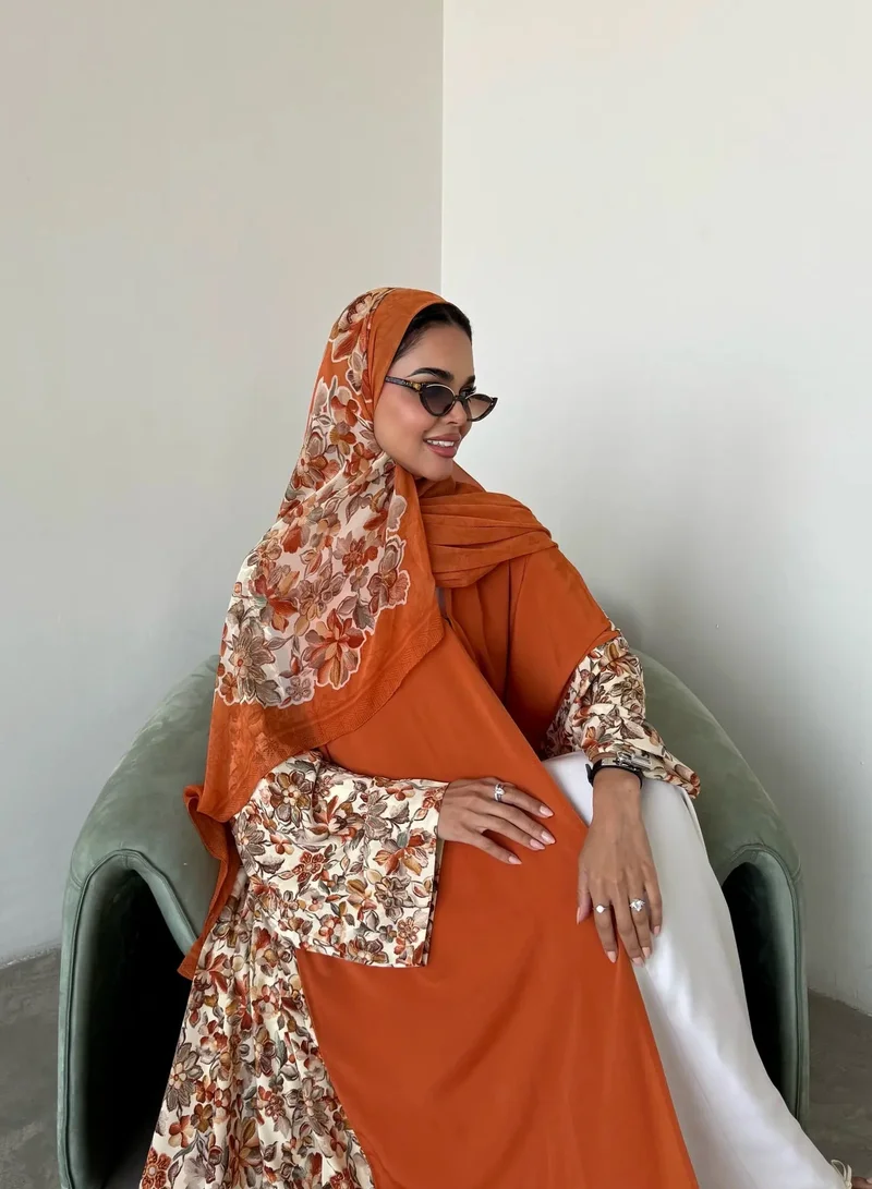 Lusin Abaya Orange Indian Silk Abaya with Floral-Print Back, Sleeves & Veil