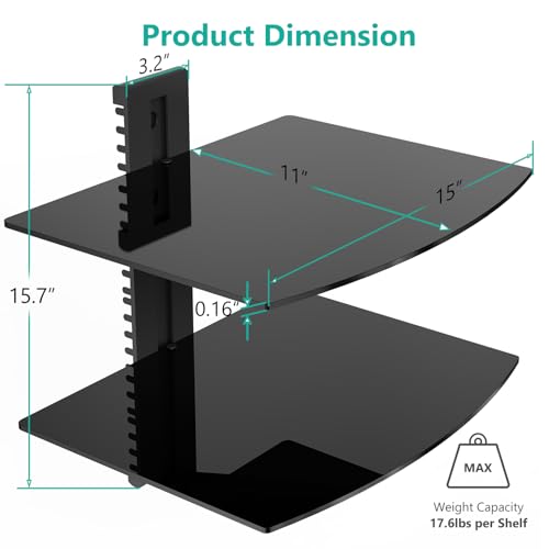 WALI Floating Entertainment Center Shelves, Holds Up to 17.6lbs, TV Shelf with Strengthened Tempered Glasses for DVD Players, Cable Boxes, Games Consoles, TV Accessories (CS202B), 2 Shelf, Black - Image 3