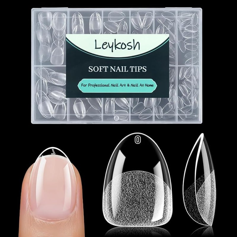 LEYKOSH Extra Short Almond Nail Tips - 216pcs Soft Gel Full Cover Fake Nails, 70-Grit Pre-Sanded Matte Clear Press on Nails for Extension, DIY Home Manicure with 12 Sizes - Image 1
