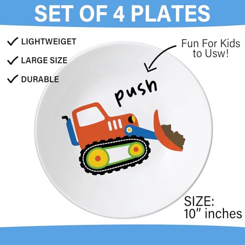 Naozinebi 4 Set 10 Inch Construction Truck Plates Melamine Construction Truck Dinnerware Set Reusable Baby Shower Vehicle Melamine Plate Dishwasher Safe for Toddlers Creatively Drop Resistant Cute Plastic Dish - Image 3