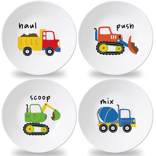 Naozinebi 4 Set 10 Inch Construction Truck Plates Melamine Construction Truck Dinnerware Set Reusable Baby Shower Vehicle Melamine Plate Dishwasher Safe for Toddlers Creatively Drop Resistant Cute Plastic Dish - Image 1