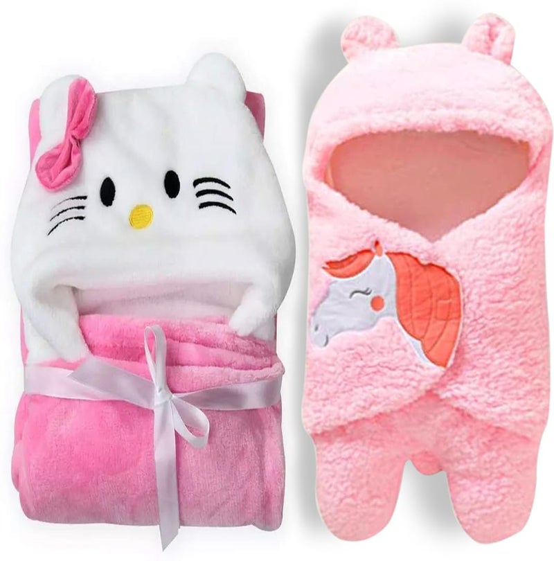 AAKRITI Warm Newborn Baby Sleeping Bag for Winter Baby Swaddling Blanket Single Hooded with Embroidered Blanket for 06 Months Baby Boys and Baby Girls Pack of 2  - Image 1