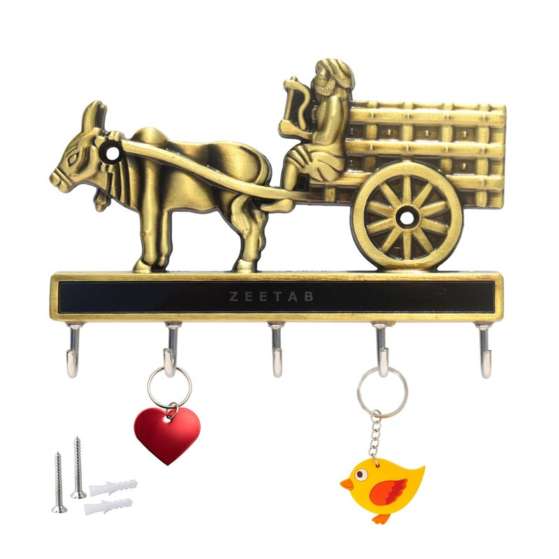 Zeetab Metal Bailgadi Key Holder, Handicraft Bullock Cart Key Stand and Hanger with 5 Hook (Antique Brass) - Image 3
