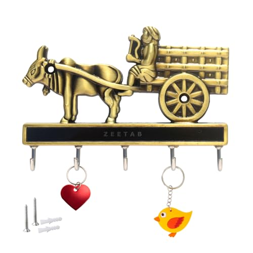 Zeetab Metal Bailgadi Key Holder, Handicraft Bullock Cart Key Stand and Hanger with 5 Hook (Antique Brass) - Image 1