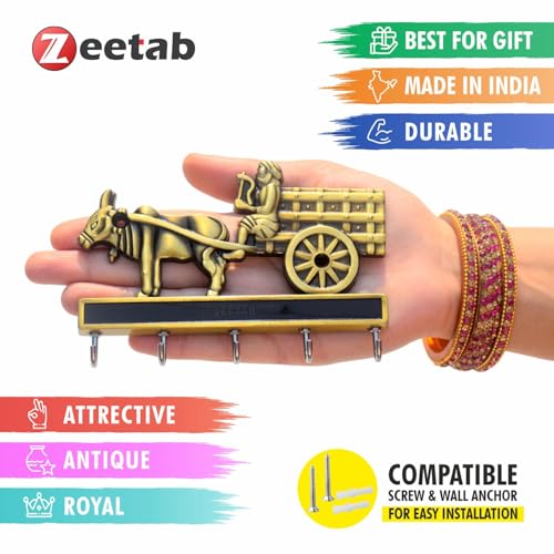 Zeetab Metal Bailgadi Key Holder, Handicraft Bullock Cart Key Stand and Hanger with 5 Hook (Antique Brass) - Image 2