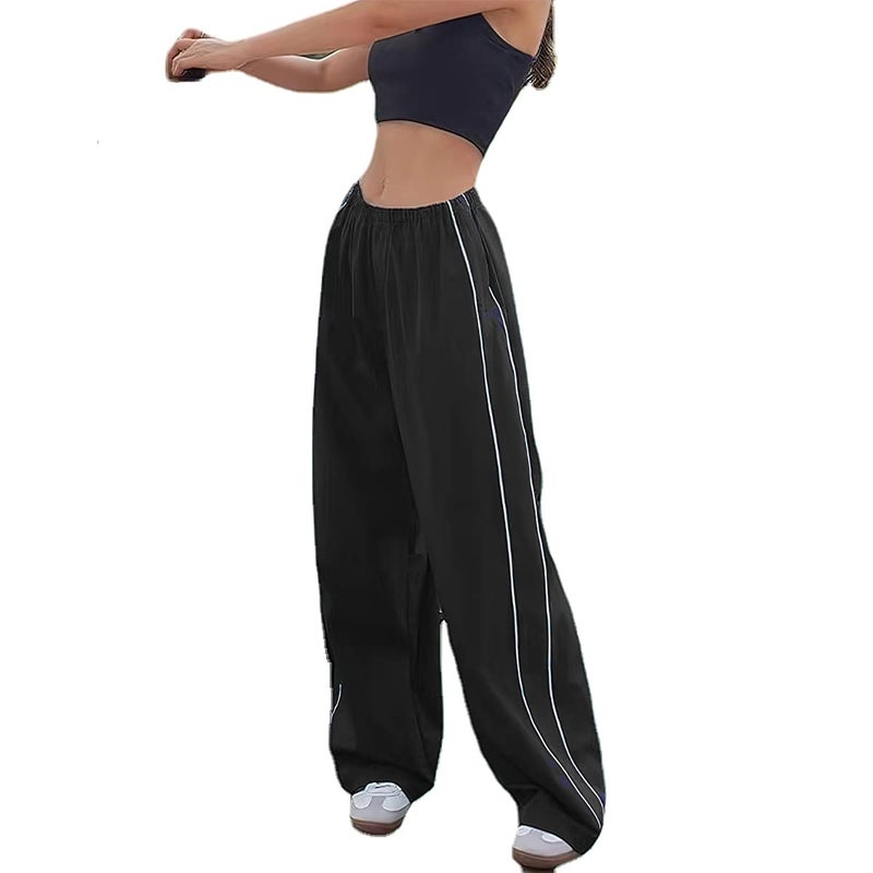 XPONNI Women's Baggy Y2K Parachute Track Pants (Black, L)