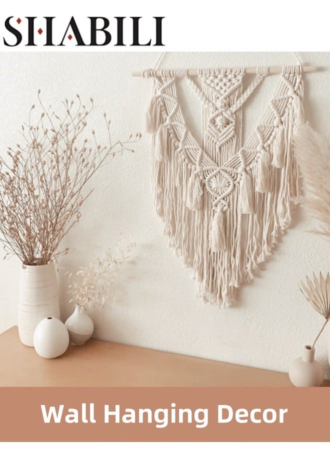 SHABILI Bohemian Wall Hanging Tapestries Decor in Beige Nylon Woven Macrame Style with Wooden Rod for Home Decoration and Wall Art in Nursery Bedroom Living Room or Apartment Accent Wall  - Image 1