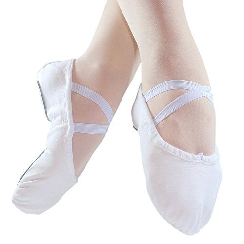 Danzcue Adult Canvas/Leather Ballet Shoes Split Sole Ballet Slippers for Women Dance Shoes, White, 10.5M - Image 3