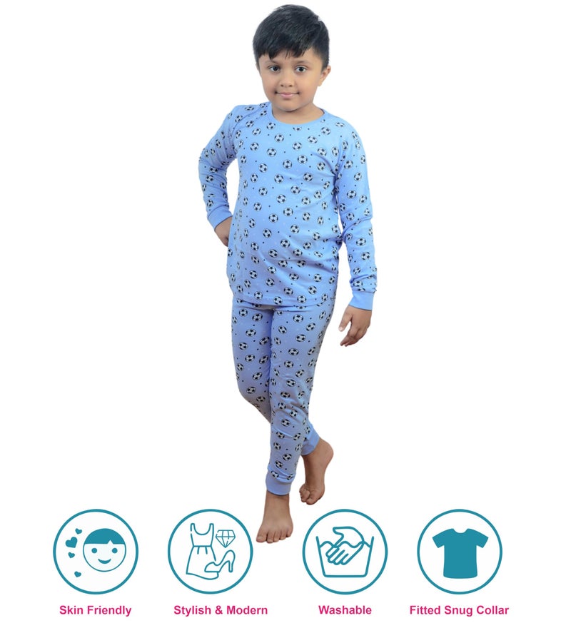 Hestia|H.Nsg.7|Kids Night Suit|Cotton|Night Dress Full Pant Full Sleeves Pajama Set Tshirt|Antirash Fabric|Pyjama Tshirts For Boys|Sleepwear|All Over Football Printed|Blue|2-4Yrs|Set Of 1,2 -4 Years - Image 2